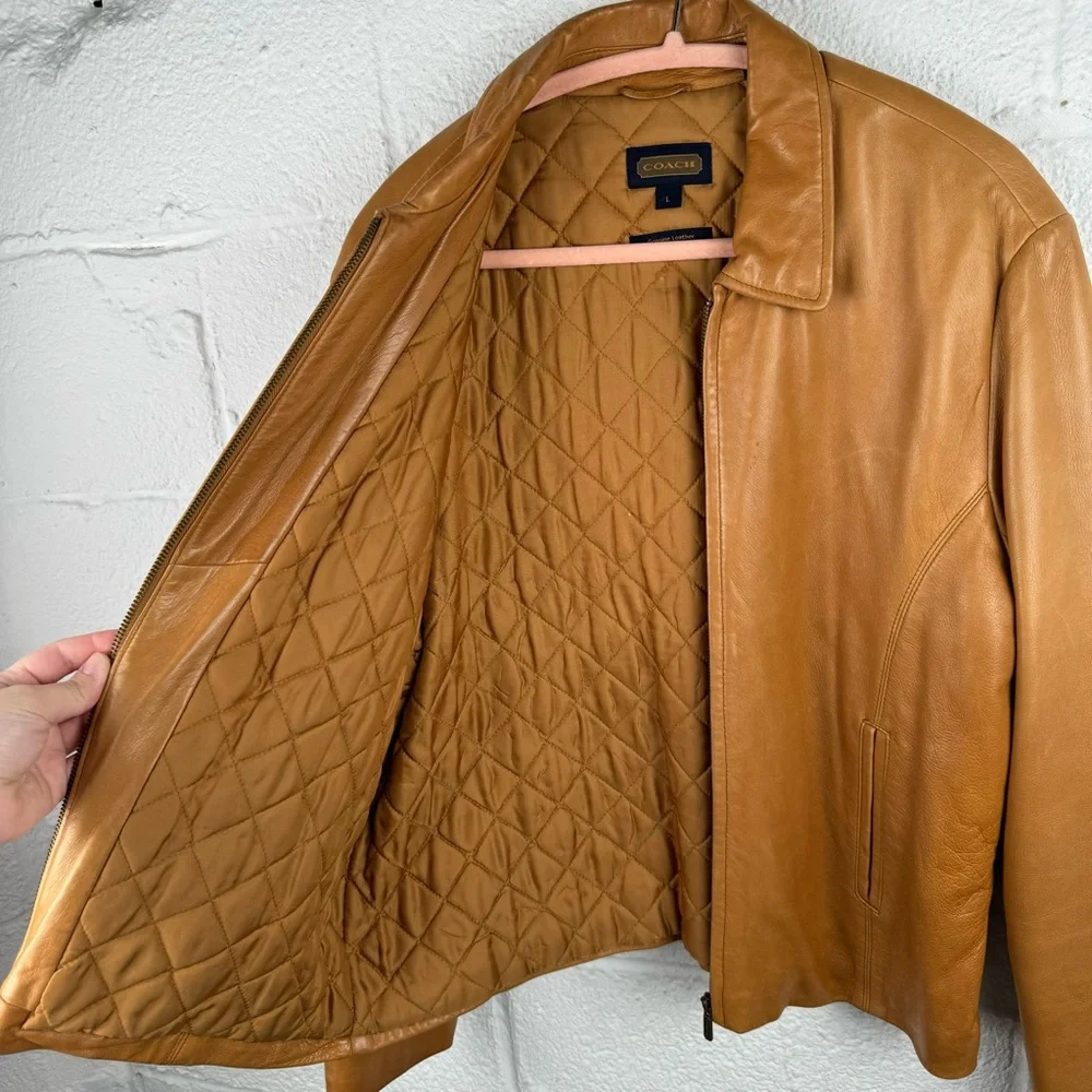Coach Genuine Leather Jacket Tan Brown Quilted Lined Zip Front Size L